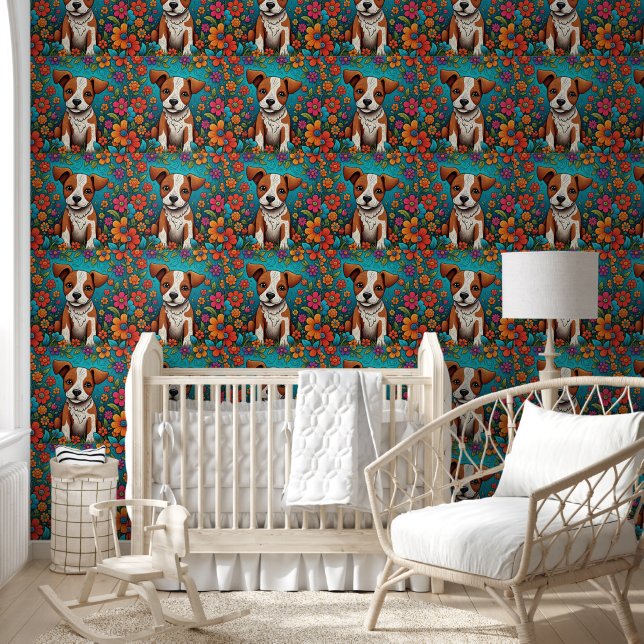 Whimsical Folk Art Puppy Dog and Flowers Wallpaper (Kids)