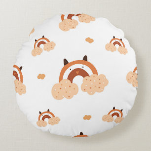 Whimsical Folk Art Rainbow & Bear Ears Seamless Round Pillow