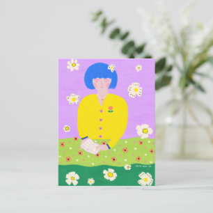 Whimsical Folk Art Reading Girl Colourful Postcard