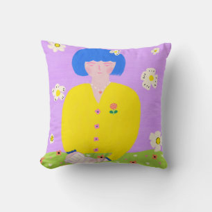Whimsical Folk Art Reading Girl Colourful Throw Pillow