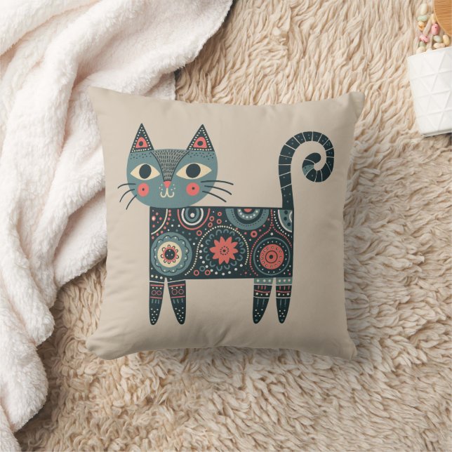 Whimsical Folk Art Retro Boho Cat Beige  Throw Pillow (Blanket)