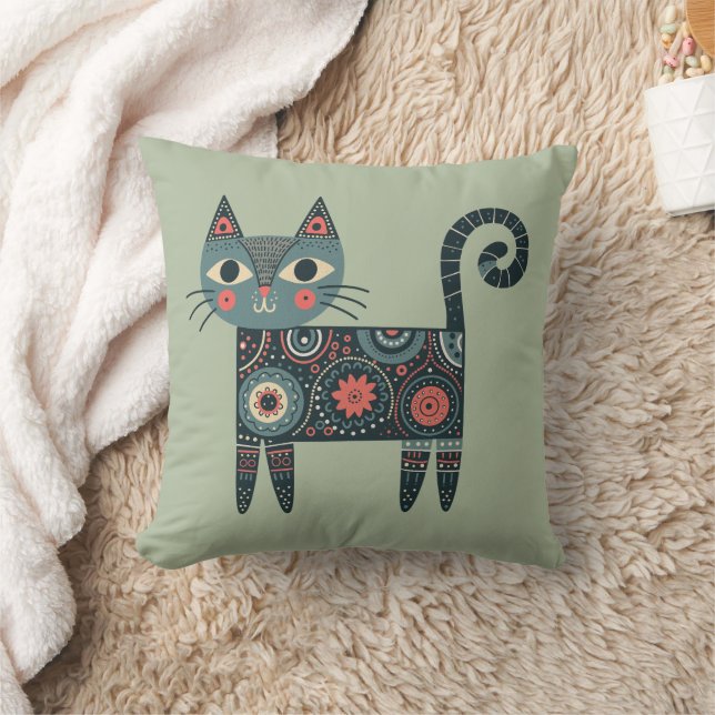 Whimsical Folk Art Retro Boho Cat Sage Throw Pillow (Blanket)