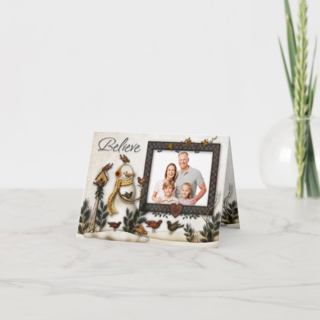 Whimsical Folk Art Snowmen Christmas Photo Card (Front)