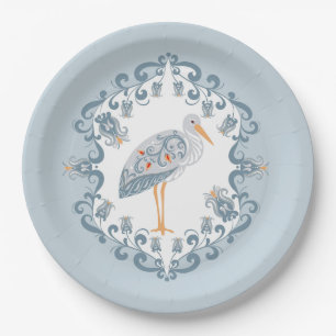 Whimsical Folk Art Stork   Baby Shower Paper Plate