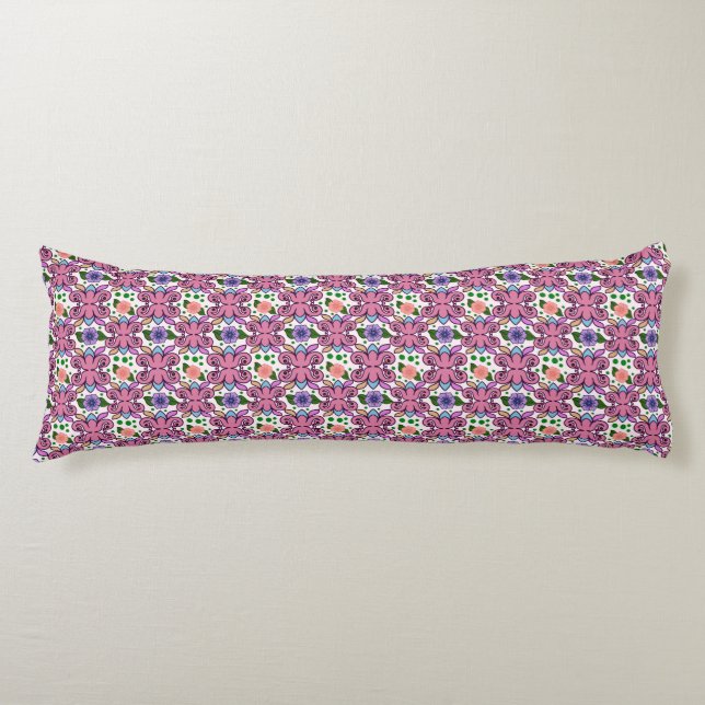 Whimsical Folk Bird Floral Pattern Body Pillow (Front)