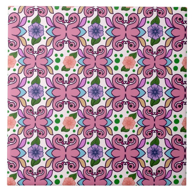 Whimsical Folk Bird Floral Pattern Tile (Front)