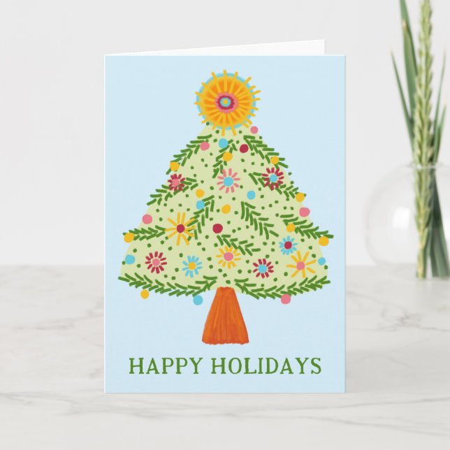 Whimsical Folk Christmas Tree CUSTOM HOLIDAY Card (Front)