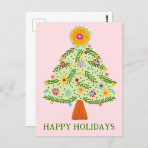 Whimsical Folk Christmas Tree CUSTOM HOLIDAY Postcard