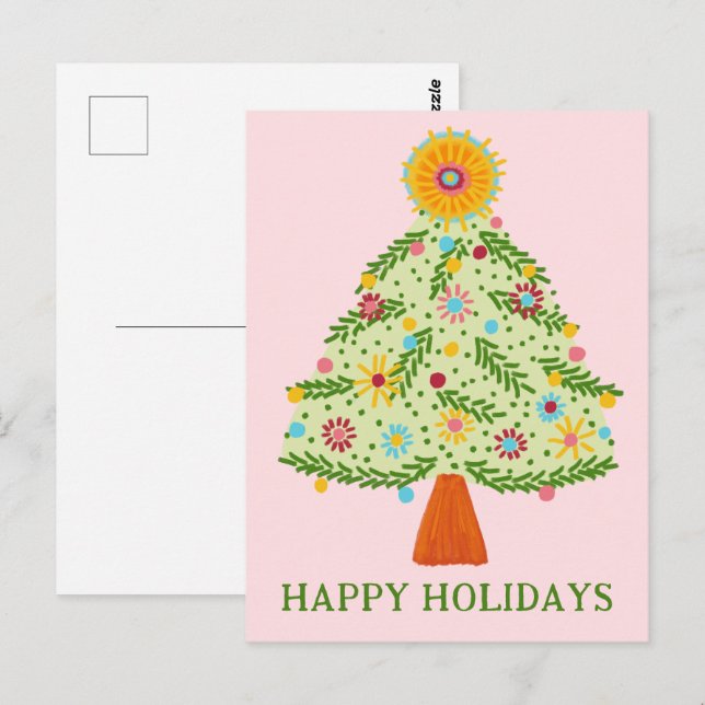 Whimsical Folk Christmas Tree CUSTOM HOLIDAY Postcard (Front/Back)