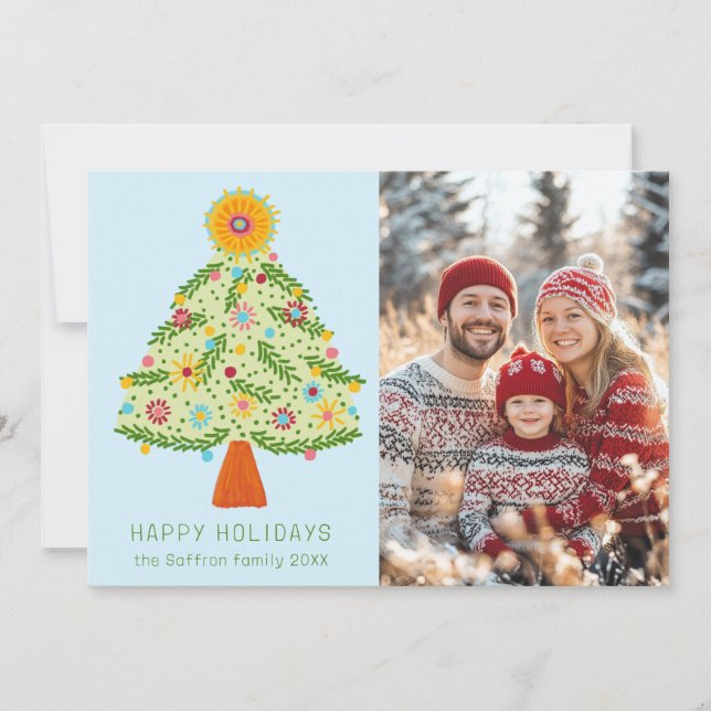 Whimsical Folk Christmas Tree CUSTOM PHOTO Holiday Card (Front)