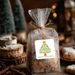 Whimsical Folk Christmas Tree CUSTOM PHOTO Square Sticker