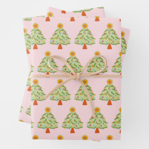 Whimsical Folk Christmas Tree Holiday Wrapping Paper Sheet