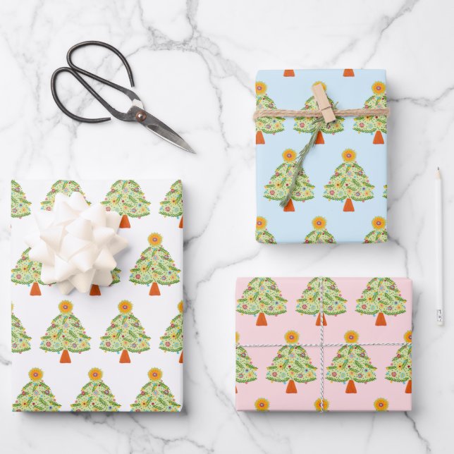 Whimsical Folk Christmas Tree Holiday  Wrapping Paper Sheet (Front)