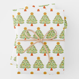 Whimsical Folk Christmas Tree Holiday  Wrapping Paper Sheet