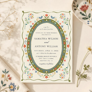Whimsical Folk Floral Birds Wedding Invitation