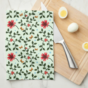 Whimsical Folk Floral Butterfly Pattern Kitchen Towel