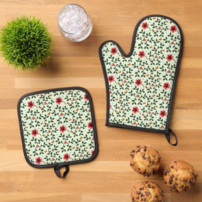 Whimsical Folk Floral Butterfly Pattern  Oven Mitt & Pot Holder Set (Top Down)