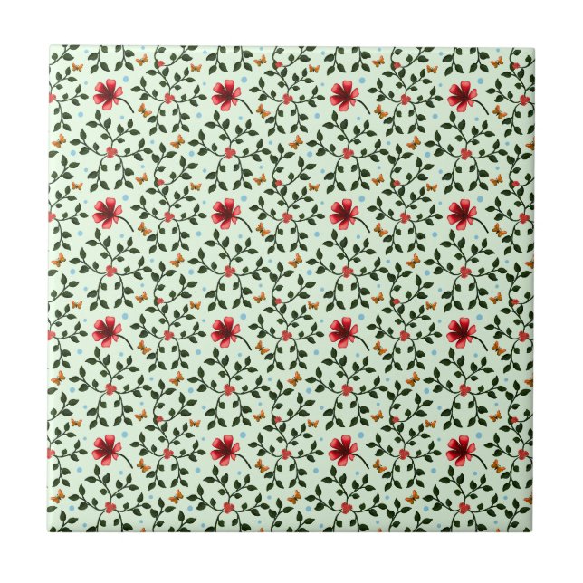 Whimsical Folk Floral Butterfly Pattern  Tile (Front)