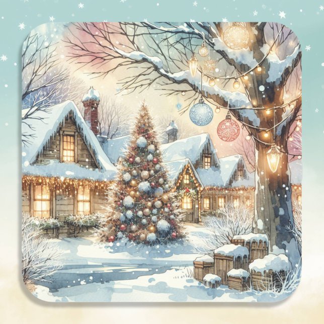 Whimsical Folk Village Christmas Square Sticker (Creator Uploaded)
