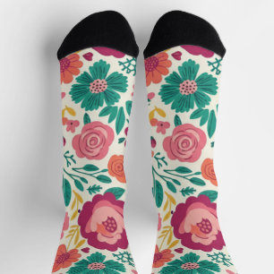 Whimsical Folksy Floral Bloom Pattern Socks