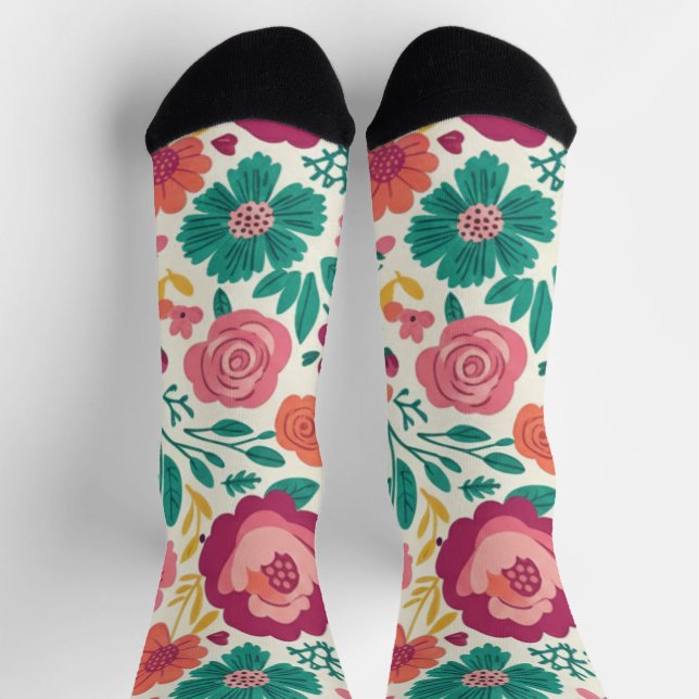 Whimsical Folksy Floral Bloom Pattern Socks (Top)