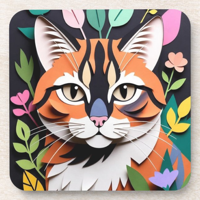 Whimsical Forest cat in Paper-Cut Art Coaster (Front)
