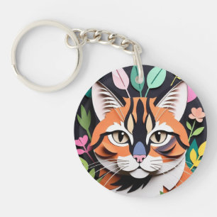 Whimsical Forest cat in Paper-Cut Art Keychain