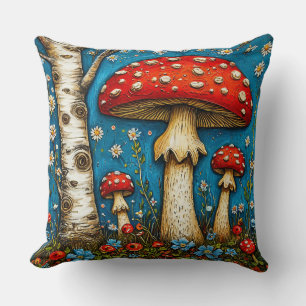 Whimsical Forest Cottagecore Magical Mushrooms Throw Pillow