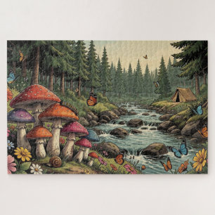 Whimsical Forest Creek with Mushrooms, Butterflies Jigsaw Puzzle