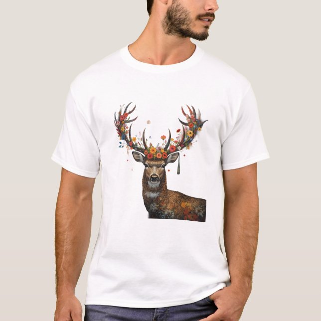 Whimsical Forest Deer with Wildflowers Tee (Front)