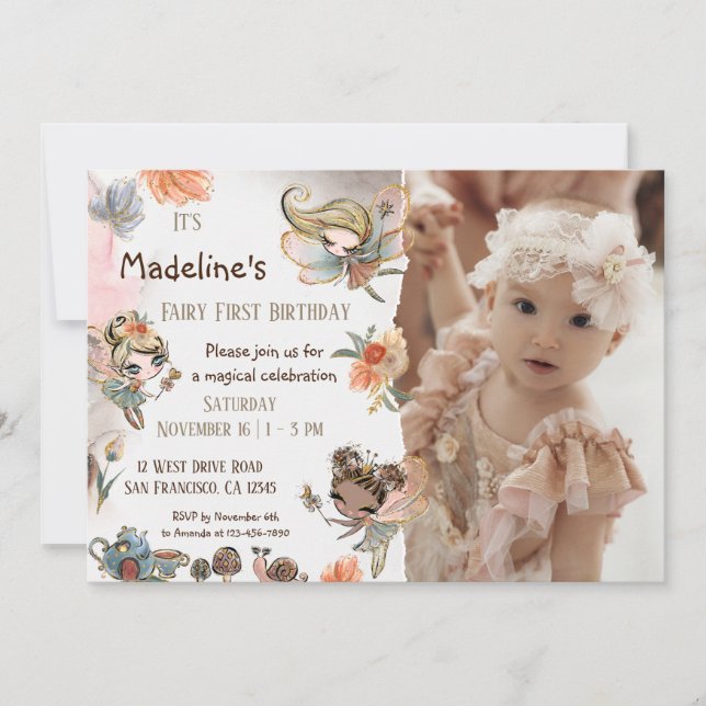 Whimsical Forest Fairy Girls First Birthday Photo Invitation (Front)