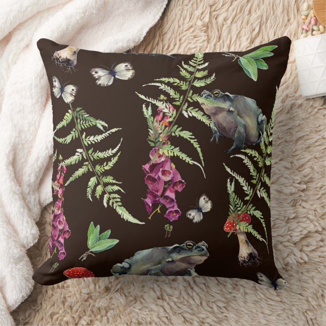 Whimsical Forest Frog and Fern Pattern Throw Pillow (Blanket)