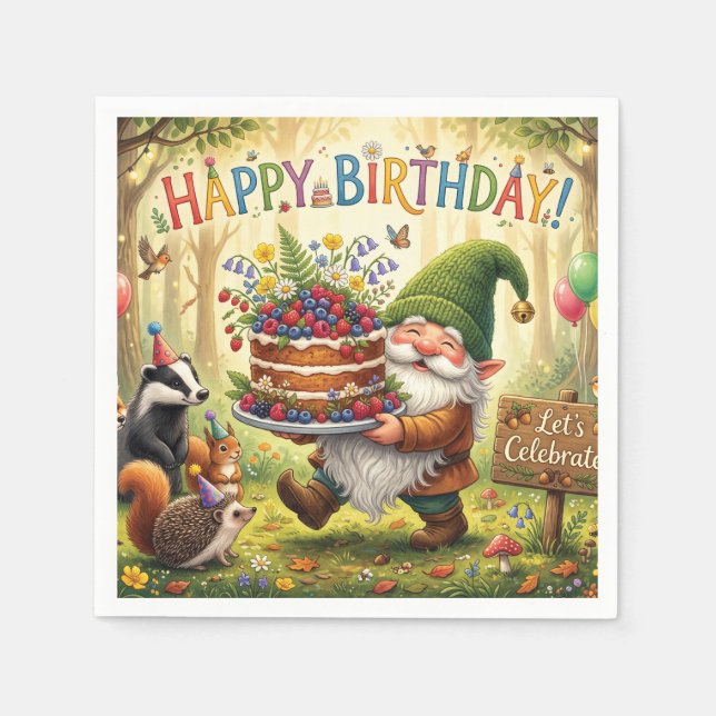 Whimsical Forest Garden Gnome Birthday Design Napkin (Front)