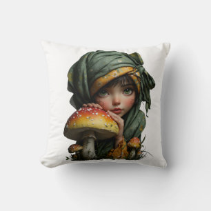 Whimsical Forest Girl with Mushroom Fantasy Art Throw Pillow