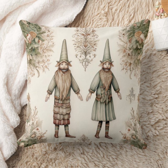 Whimsical Forest Gnomes & Botanical (1) Throw Pillow (Blanket)
