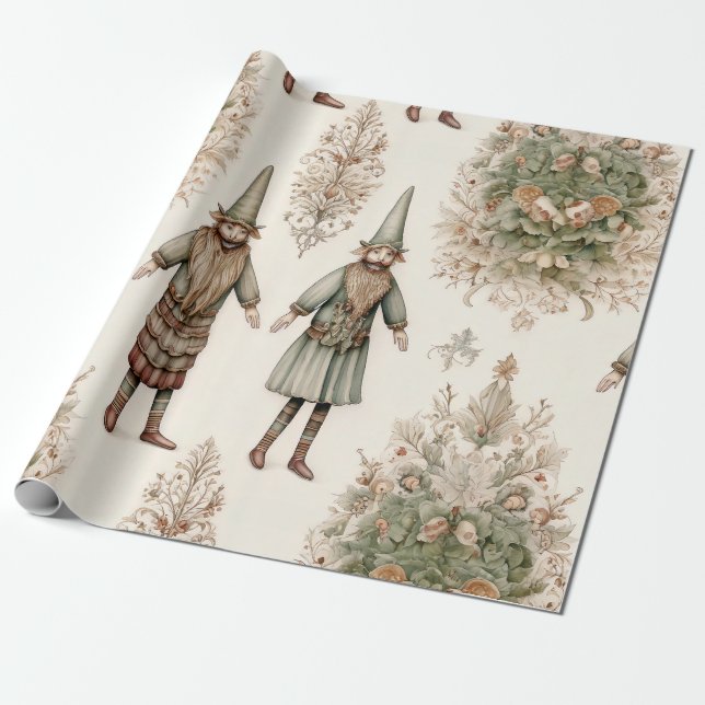 Whimsical Forest Gnomes & Botanical (1) Wrapping Paper (Unrolled)