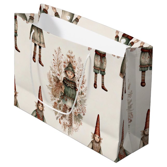 Whimsical Forest Gnomes & Botanical (2) Large Gift Bag (Front Angled)