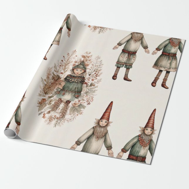Whimsical Forest Gnomes & Botanical (2) Wrapping Paper (Unrolled)