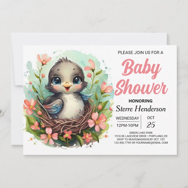 Whimsical Forest Modern Bird Baby Shower Invitation (Front)