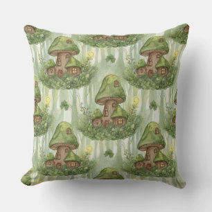 Whimsical Forest Mushroom Fairy House Pattern Throw Pillow