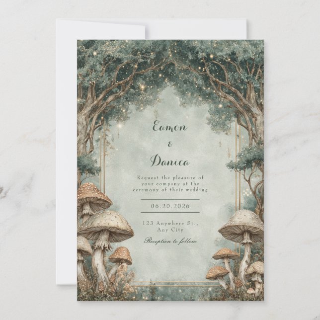 Whimsical Forest Mushroom Gold Arch Wedding Invitation (Front)