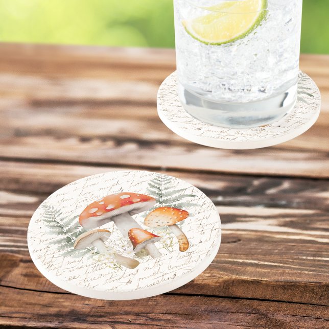 Whimsical Forest Mushroom Vintage Farmhouse  Coaster (In situ, on wood table)