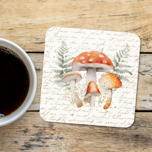 Whimsical Forest Mushroom Vintage Farmhouse  Square Paper Coaster
