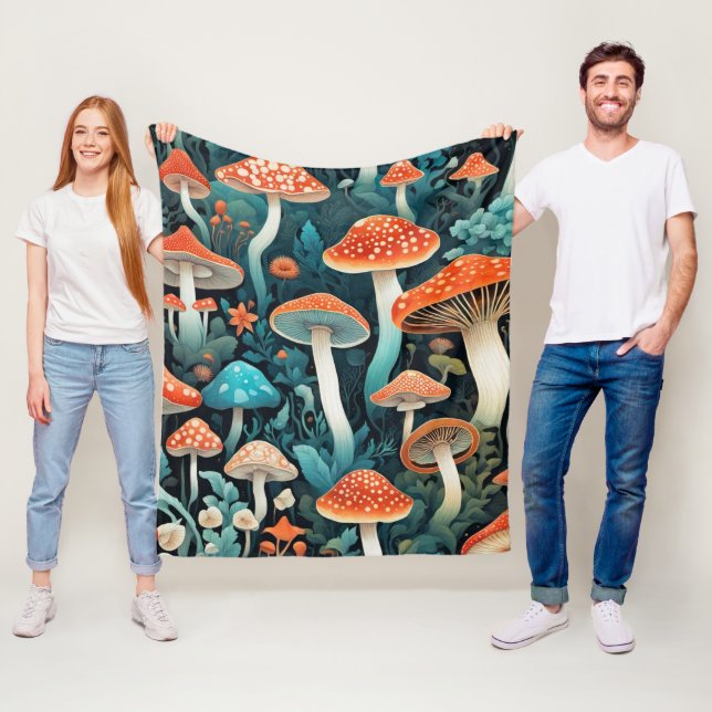 Whimsical Forest Mushrooms Illustration Fleece Blanket (In Situ)