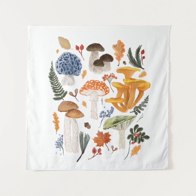 Whimsical Forest Mushrooms Watercolor illustration Tapestry (Front)