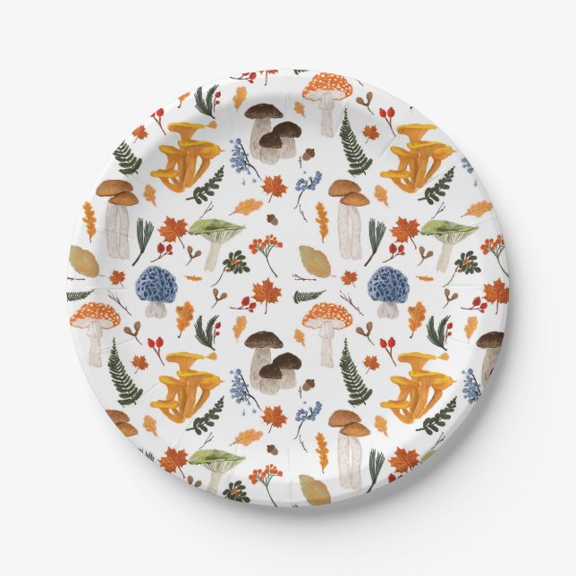Whimsical Forest Mushrooms Watercolor Paper Plate (Front)