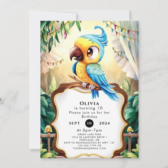  Whimsical Forest Parrot Birthday Invitation (Front)