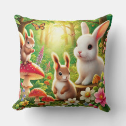 Whimsical Forest Scene with Rabbits, Squirrels Throw Pillow