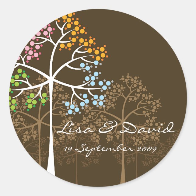 Whimsical Four Seasons Trees Brown Wedding Sticker (Front)