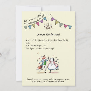 Whimsical Fox & Badger Dance 45th Birthday Invite